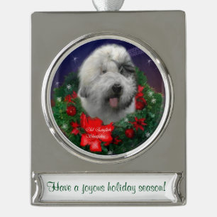Old English Sheepdog Personalised Christmas Silver Plated Banner Ornament