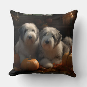 Old English Sheepdog Puppy Autumn Delight Pumpkin Cushion