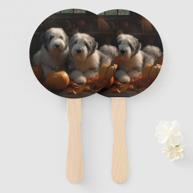 Old English Sheepdog Puppy Autumn Delight Pumpkin Hand Fan (Front and Back)