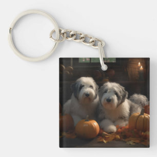 Old English Sheepdog Puppy Autumn Delight Pumpkin Key Ring