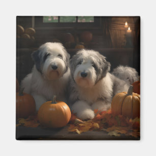 Old English Sheepdog Puppy Autumn Delight Pumpkin Magnet