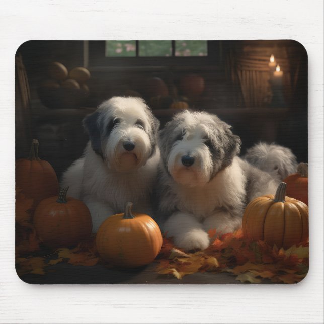Old English Sheepdog Puppy Autumn Delight Pumpkin Mouse Mat (Front)