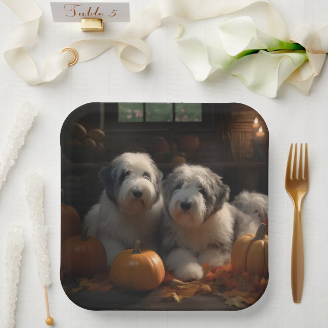 Old English Sheepdog Puppy Autumn Delight Pumpkin Paper Plate (Wedding)