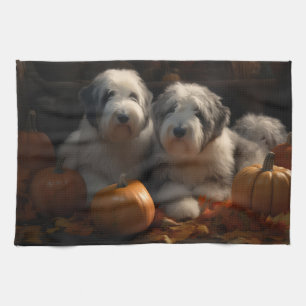 Old English Sheepdog Puppy Autumn Delight Pumpkin Tea Towel