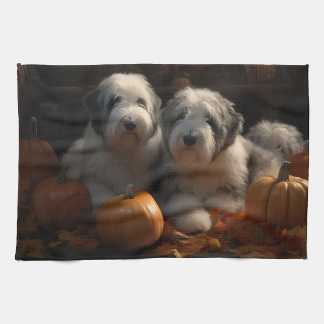 Old English Sheepdog Puppy Autumn Delight Pumpkin Tea Towel (Horizontal)