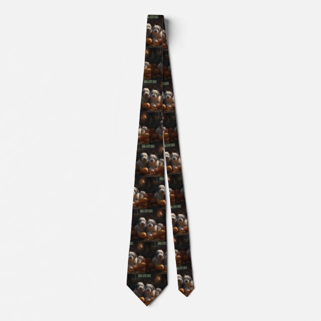 Old English Sheepdog Puppy Autumn Delight Pumpkin Tie (Front)