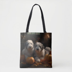 Old English Sheepdog Puppy Autumn Delight Pumpkin Tote Bag