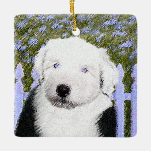 Old English Sheepdog Puppy Painting - Dog Art Ceramic Ornament (Front)