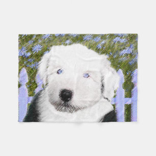 Old English Sheepdog Puppy Painting - Dog Art Fleece Blanket
