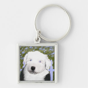 Old English Sheepdog Puppy Painting - Dog Art Key Ring