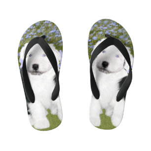 Old English Sheepdog Puppy Painting - Dog Art Kid's Flip Flops