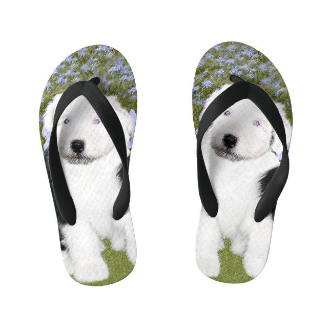 Old English Sheepdog Puppy Painting - Dog Art Kid's Flip Flops (Footbed)