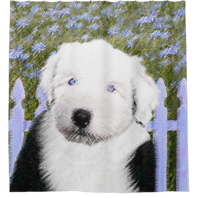 Old English Sheepdog Puppy Painting - Dog Art Shower Curtain (Front)