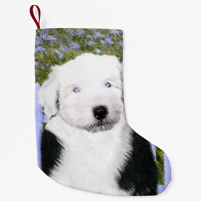 Old English Sheepdog Puppy Painting - Dog Art Small Christmas Stocking (Front)