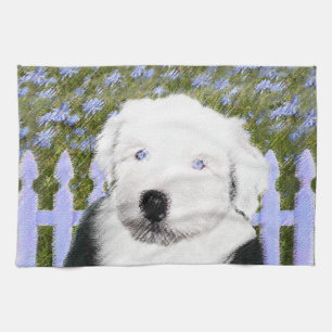 Old English Sheepdog Puppy Painting - Dog Art Tea Towel