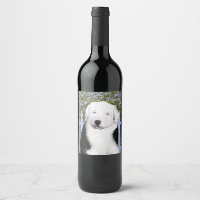 Old English Sheepdog Puppy Painting - Dog Art Wine Label (Front)