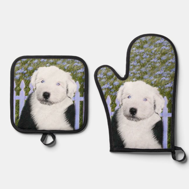 Old English Sheepdog Puppy Painting Pet Dog Art Oven Mitt & Pot Holder Set (Front)