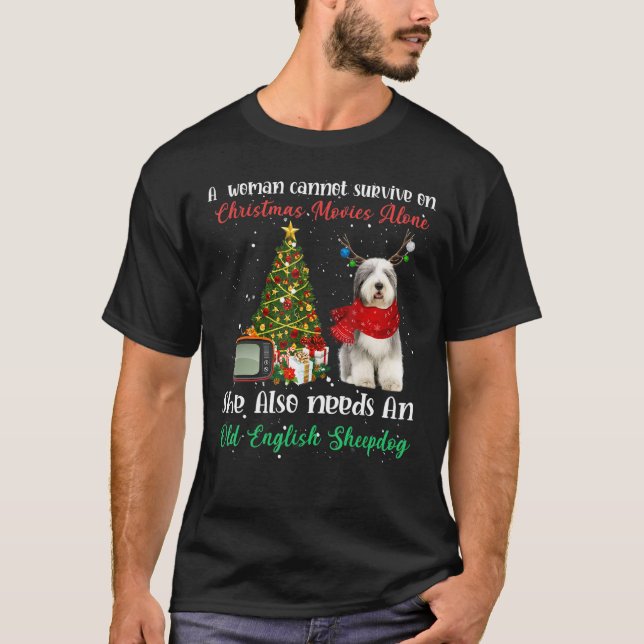Old English Sheepdog Reindeer Christmas Tree Ornam T-Shirt (Front)