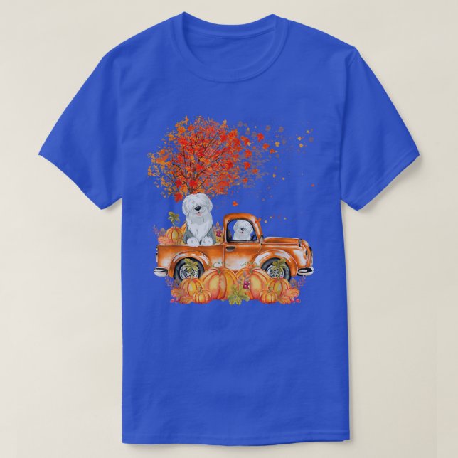 Old English Sheepdog Riding Truck Pumpkin Autumn L T-Shirt (Design Front)