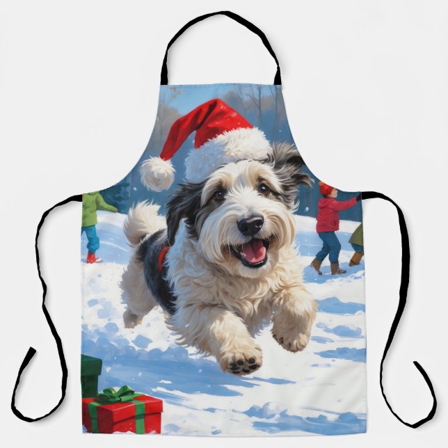 Old English Sheepdog Running in Snow Christmas Hat Apron (Front)