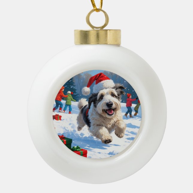 Old English Sheepdog Running in Snow Christmas Hat Ceramic Ball Christmas Ornament (Front)