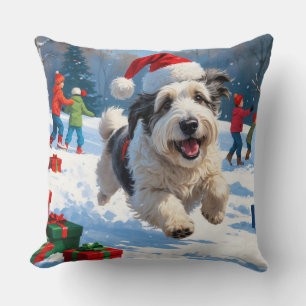 Old English Sheepdog Running in Snow Christmas Hat Cushion