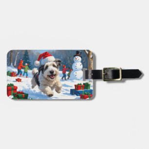Old English Sheepdog Running in Snow Christmas Hat Luggage Tag