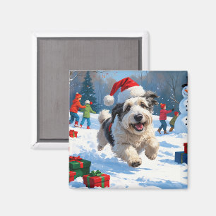 Old English Sheepdog Running in Snow Christmas Hat Magnet
