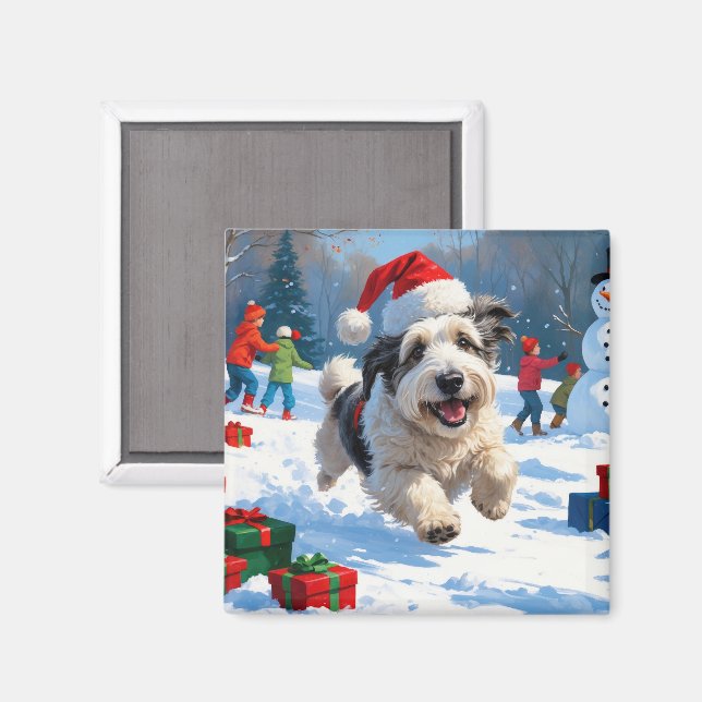 Old English Sheepdog Running in Snow Christmas Hat Magnet (Front/Back)