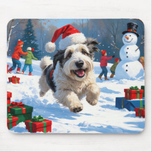 Old English Sheepdog Running in Snow Christmas Hat Mouse Mat