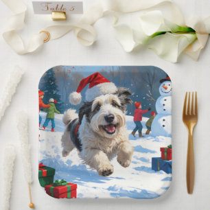 Old English Sheepdog Running in Snow Christmas Hat Paper Plate