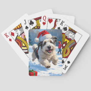 Old English Sheepdog Running in Snow Christmas Hat Playing Cards