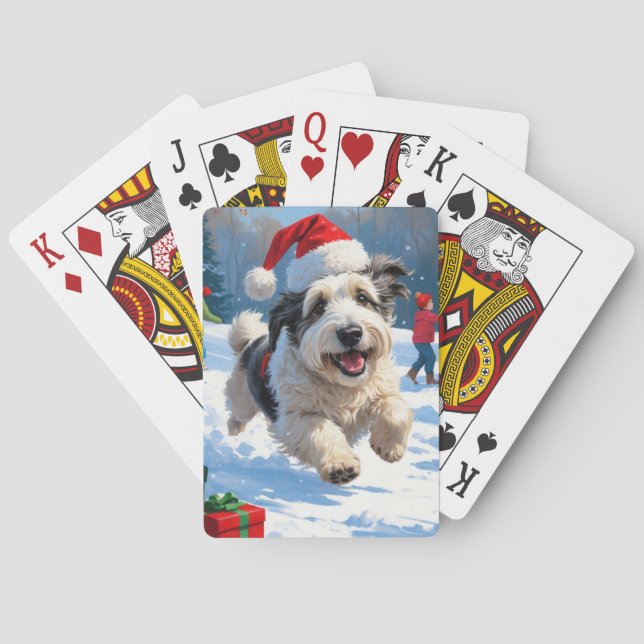 Old English Sheepdog Running in Snow Christmas Hat Playing Cards (Back)