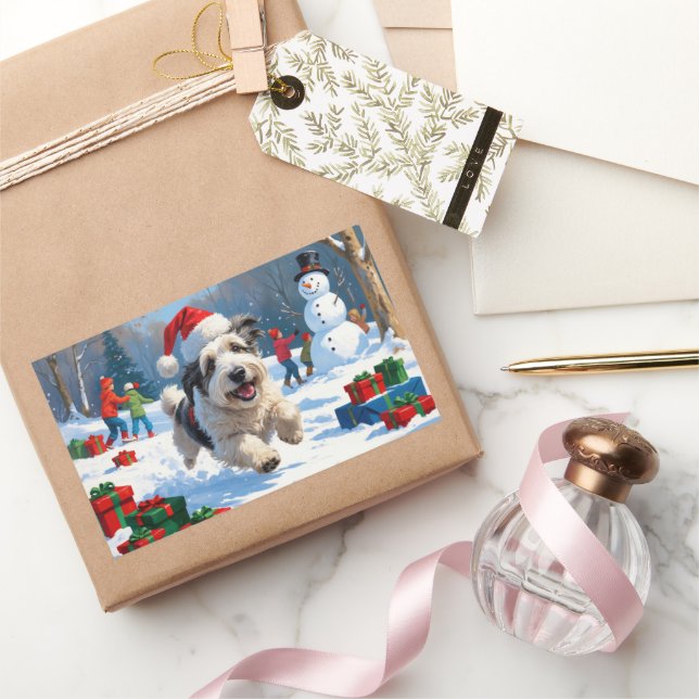 Old English Sheepdog Running in Snow Christmas Hat Rectangular Sticker (Gifting)