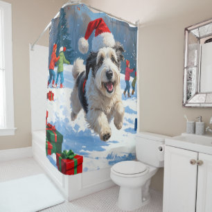 Old English Sheepdog Running in Snow Christmas Hat Shower Curtain