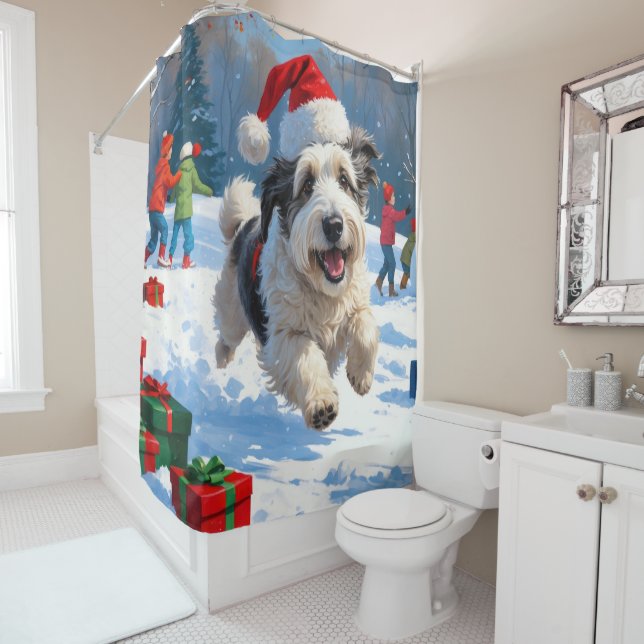 Old English Sheepdog Running in Snow Christmas Hat Shower Curtain (In Situ)