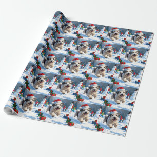 Old English Sheepdog Running in Snow Christmas Hat Wrapping Paper