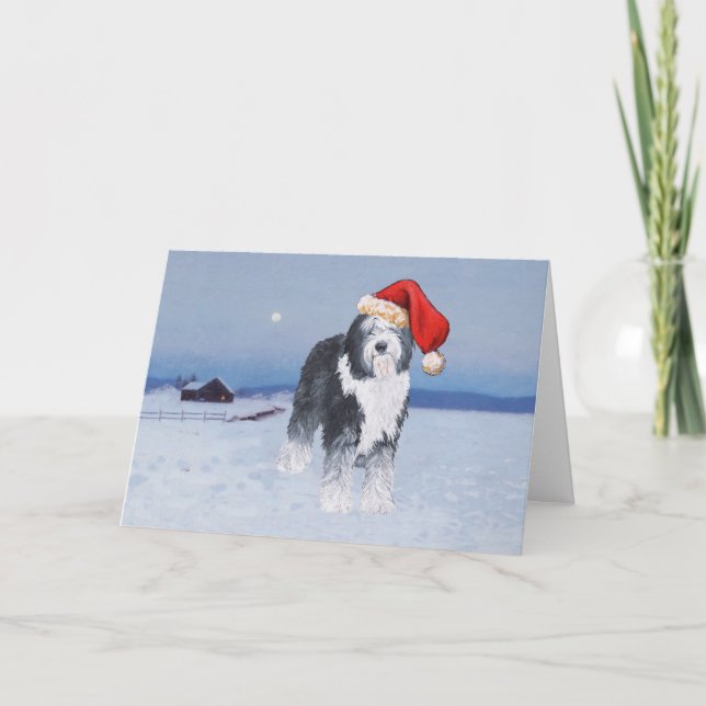 Old English Sheepdog Santa Hat Holiday Card (Front)