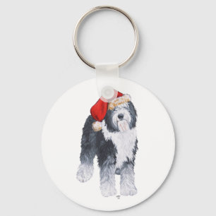 Old English Sheepdog Santa Hat Key Ring