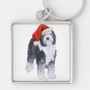 Old English Sheepdog Santa Hat Key Ring