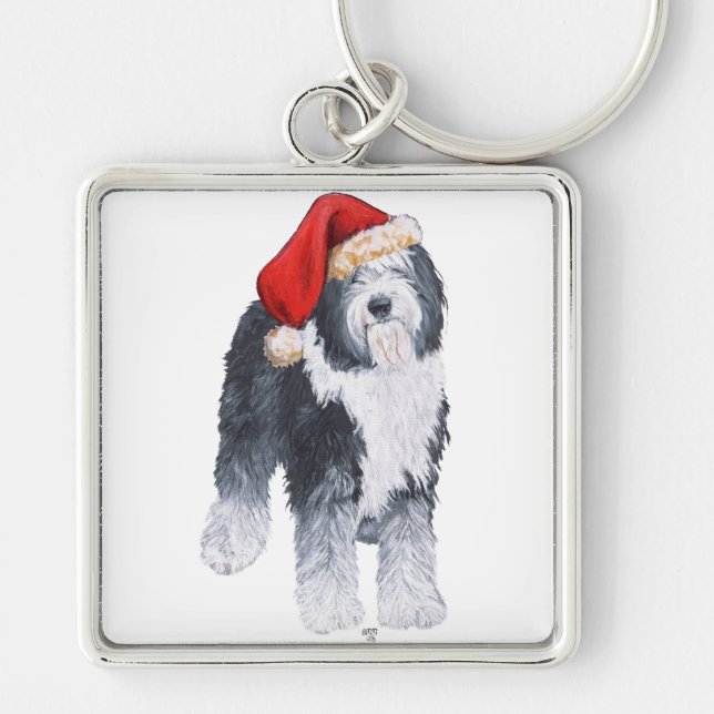 Old English Sheepdog Santa Hat Key Ring (Front)