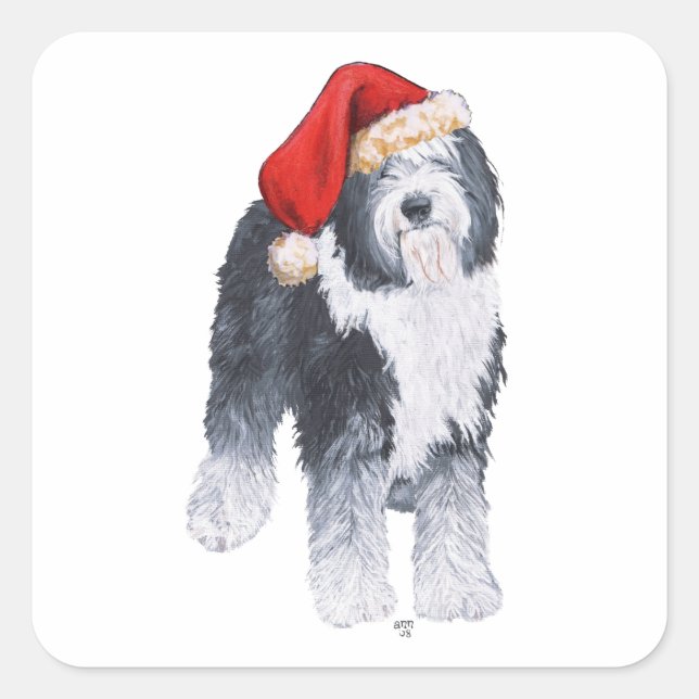 Old English Sheepdog Santa Hat Square Sticker (Front)