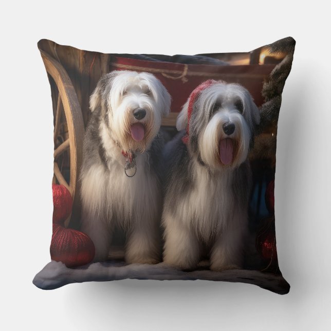 Old English Sheepdog Snowy Sleigh Christmas Decor  Cushion (Front)