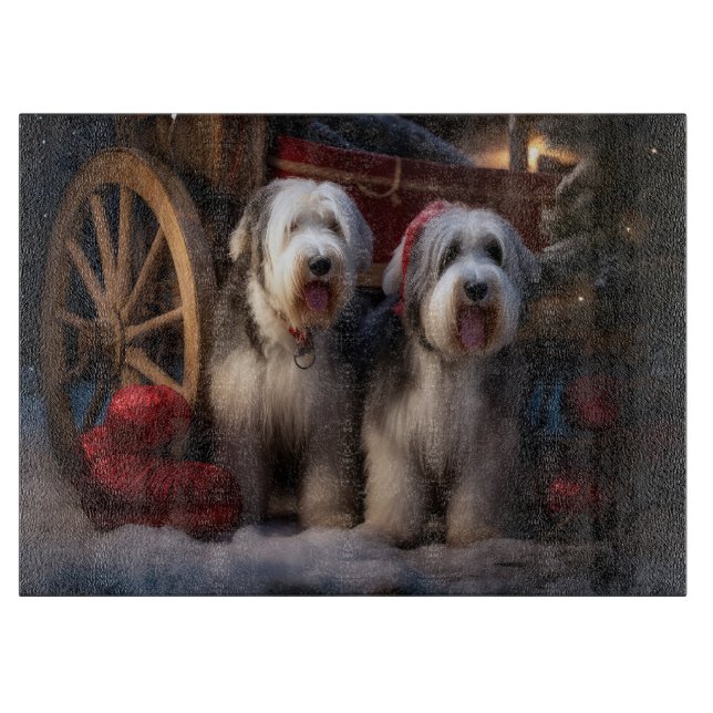 Old English Sheepdog Snowy Sleigh Christmas Decor  Cutting Board (Front)
