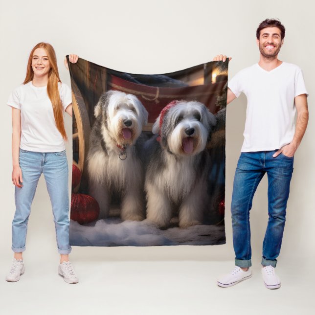 Old English Sheepdog Snowy Sleigh Christmas Decor  Fleece Blanket (In Situ)