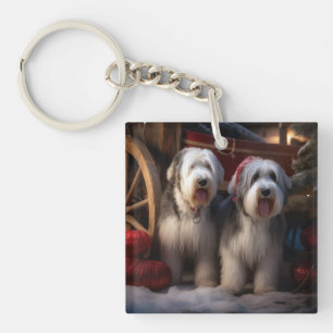 Old English Sheepdog Snowy Sleigh Christmas Decor  Key Ring