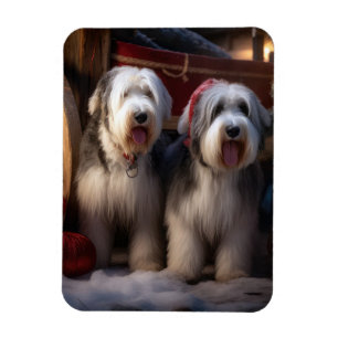 Old English Sheepdog Snowy Sleigh Christmas Decor  Magnet