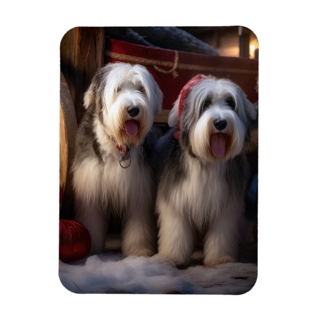 Old English Sheepdog Snowy Sleigh Christmas Decor  Magnet (Vertical)