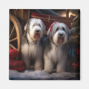 Old English Sheepdog Snowy Sleigh Christmas Decor  Magnet