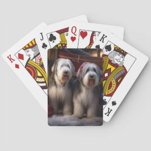 Old English Sheepdog Snowy Sleigh Christmas Decor  Playing Cards